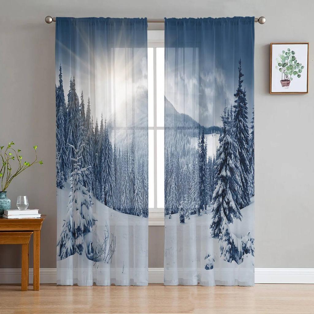 Winter Forest Tree Snowflake Semi Curtains Living Room Snowy Landscape Print Tulle Curtain Drapes Window Treatments Sheer Polyester Great Treatment