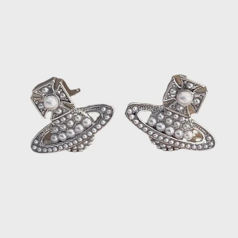 Gold Electroplated Saturn Cross Pearl Earrings - Exquisite High-End Design Inspired by Empress Dowager Cixi