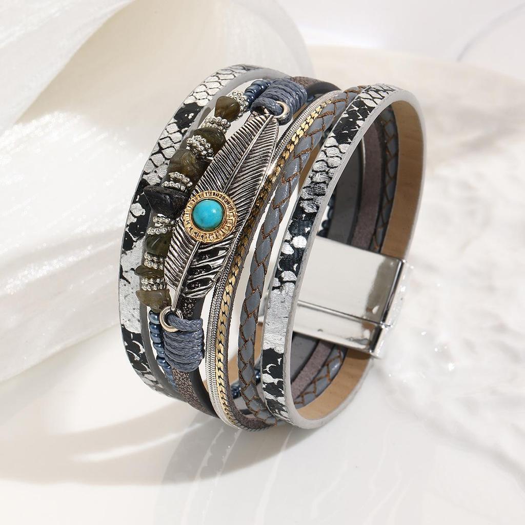 Bohemian Style Crushed Stone Feather Leather Bracelet with Vintage Turquoise and Magnetic Clasp