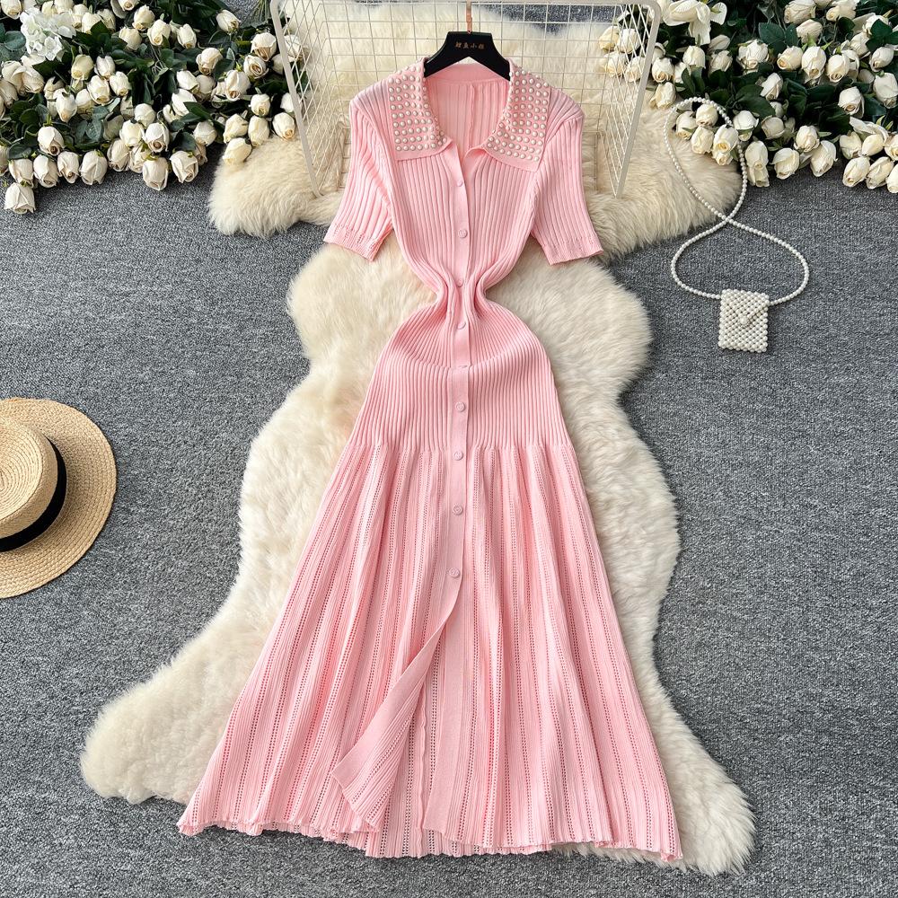 French Retro Foreign Celebrity Heavy Industry Bead Lapel Short Sleeve Single-breasted Waist and Thin Temperament Knitted Dress