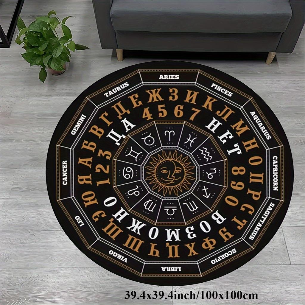 Zodiac Constellation Round Rug Flannel Mystical Bedroom Study Room Floor Mat Astrology Themed Home Decor Black Gold Design
