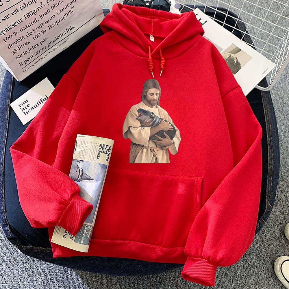 Moo Deng Jesus Meme Cartoon Hoodie Funko Pop Cute Sweatshirt Graphic Printing for Autumn/Winter Kawaii Clothing Moletom Hoody