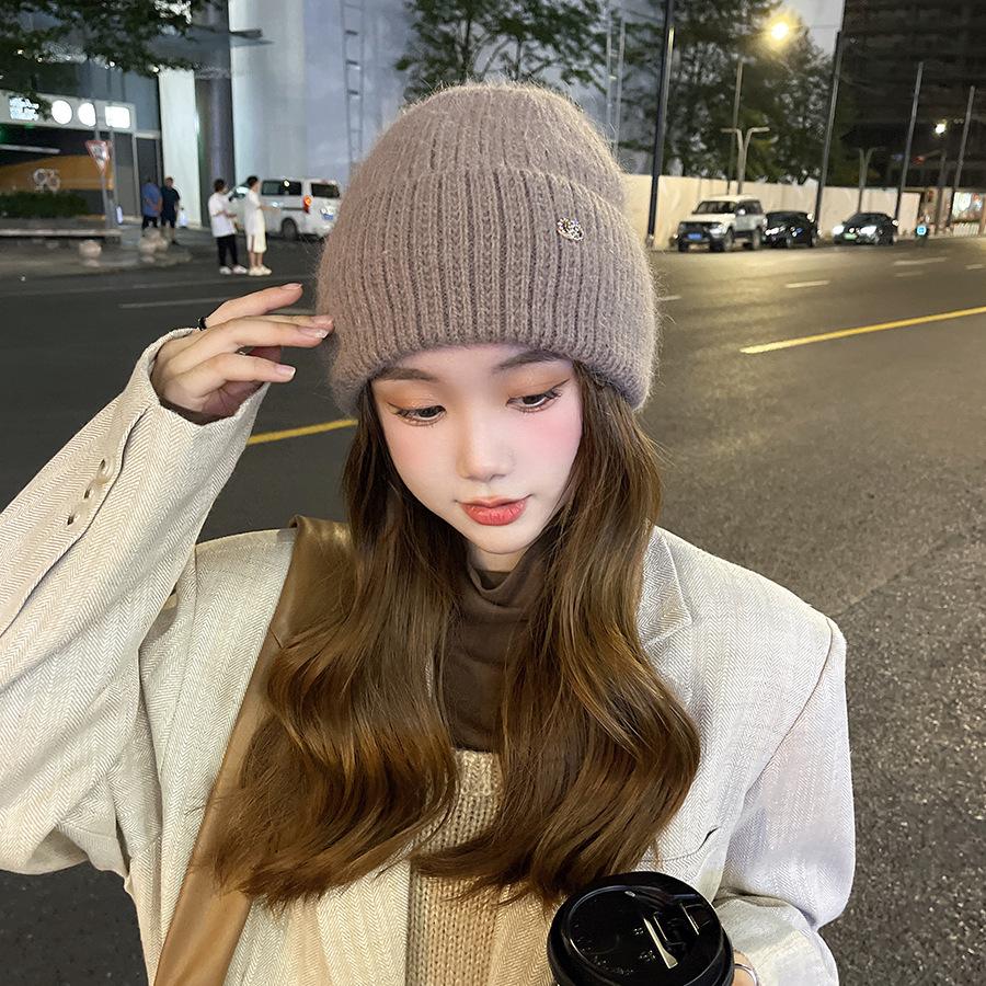 Women’s Casual Solid Color Rabbit Fur Hat with Decorative Buckle and Ear Protection Knitted Hats