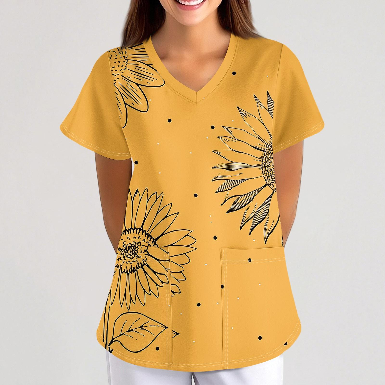 

Plus SizePrinted Scrub Working Uniform Tops For Women s Cross V-Neck Halloween Print Short Sleeve Fun T-Shirts Workwear Tee With Pockets S жовтий