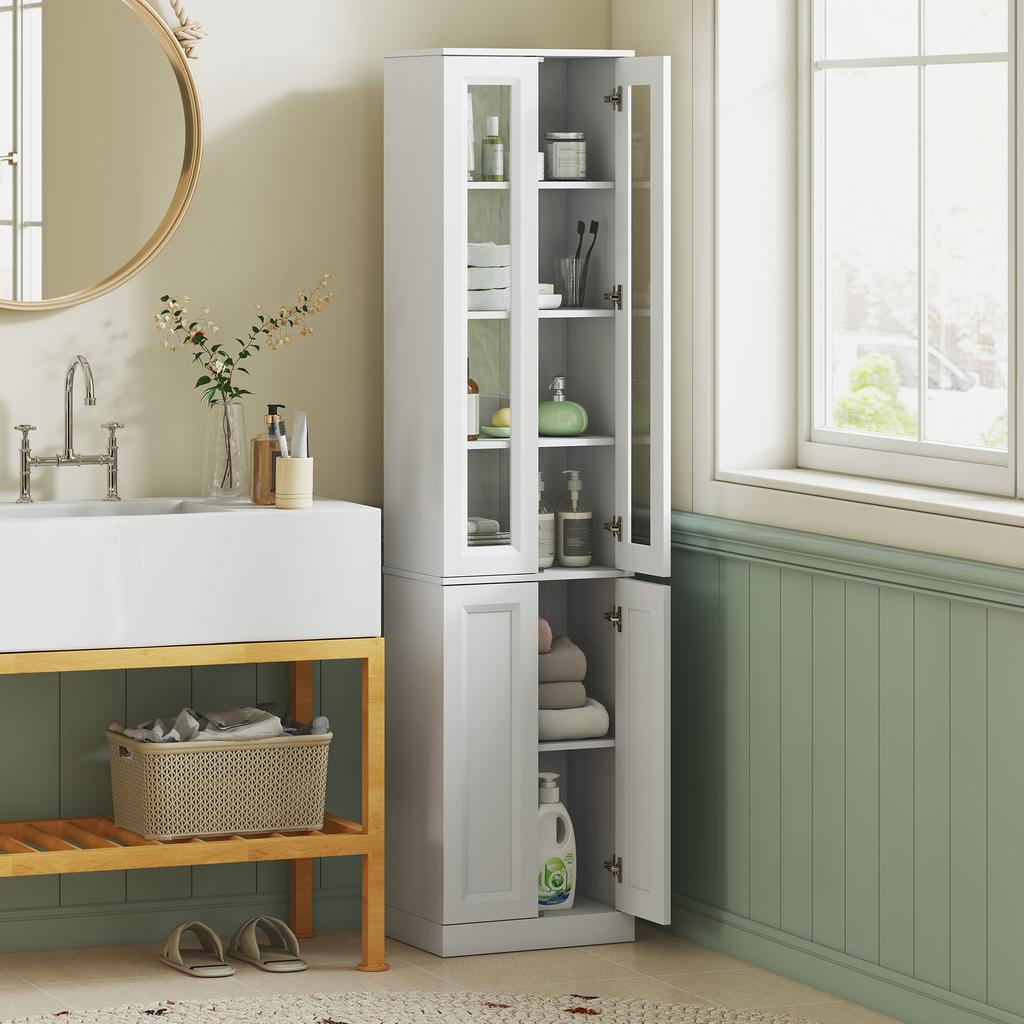 Bathroom Cabinet, 6-Tier, 4 Soft-Close Doors, Adjustable Shelves, White