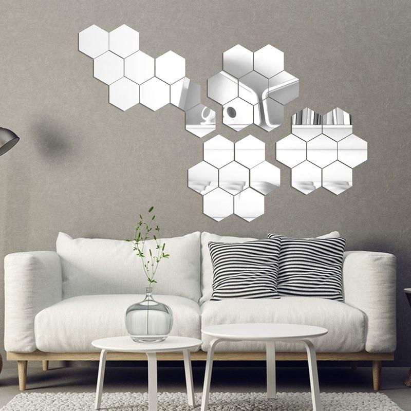 12 Geometric 3D Hexagon Mirror Wall Sticker Home Decor Enlarge Living Room Removable Safety 3 Sizes DIY Wall Stickers