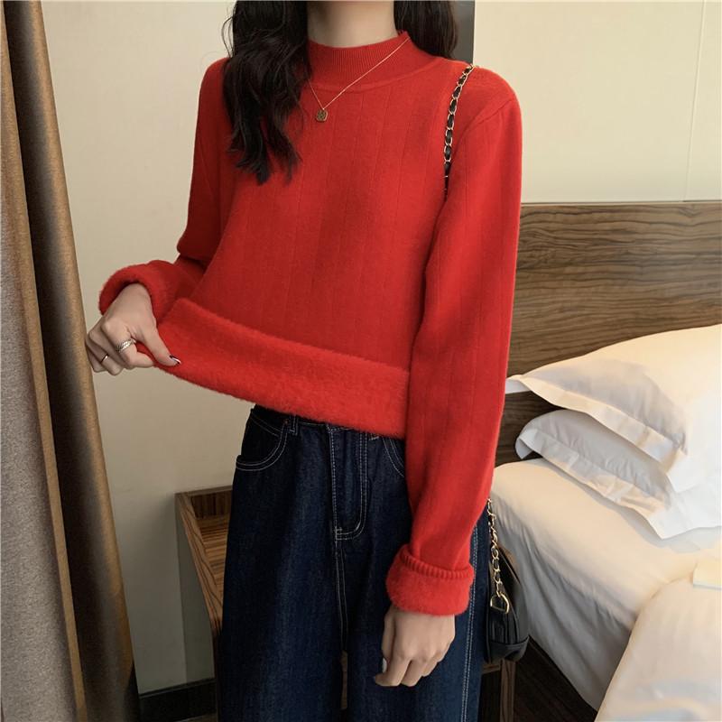 Half High Neck Sweater Women's Loose One-piece Velvet Pullover Long Sleeved Casual Warm Knit Sweater with Thick Solid Color Sweater Autumn and Winter