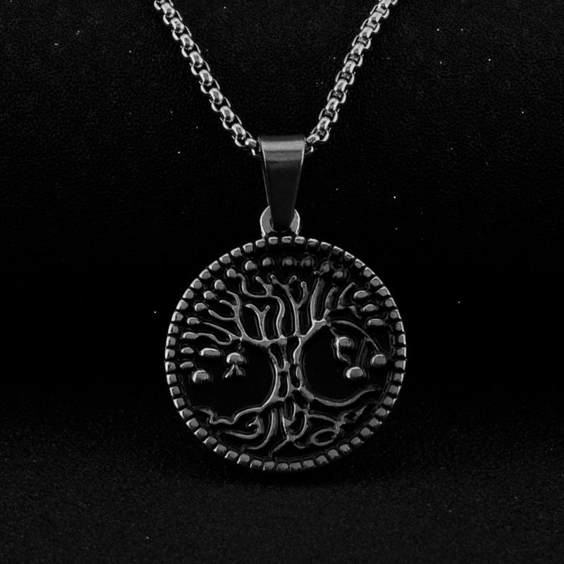 Biżuteria: Modny okrągły wisiorek Drzewo Życzeń ze stali tytanowej, Naszyjnik Drzewo Życia ze stali nierdzewnej
