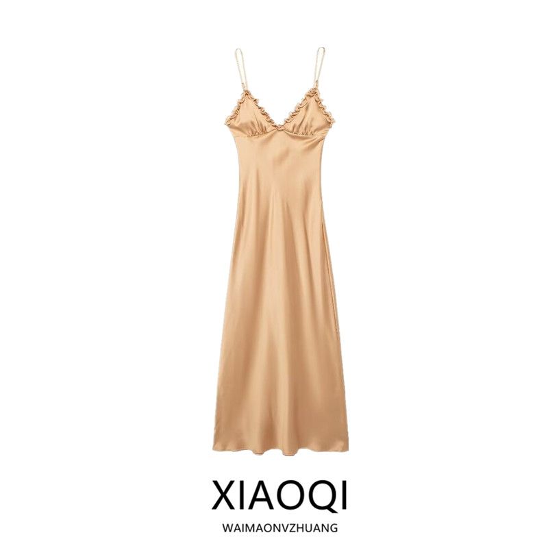 Fashion Style 2024 Autumn New Women's Sling Patchwork Laminated Silk Satin Texture Dress 5030256