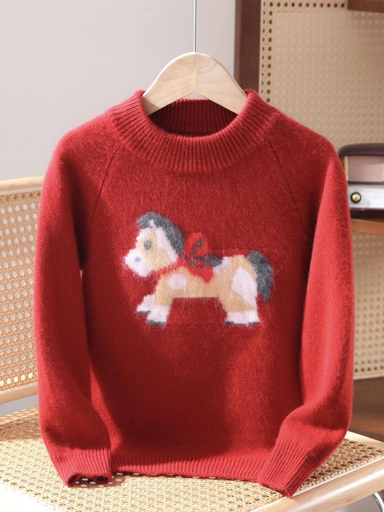 Unisex Children's Wool Knit New Year Sweater - Thick Cartoon Baby Pullover Base Layer