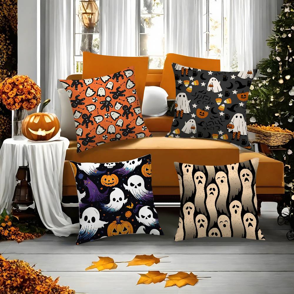Pillow Case Cute Spooky Halloween Pumpkin Holiday Horror Atmosphere Short Plush Double-sided Printing Home Cushion Cover