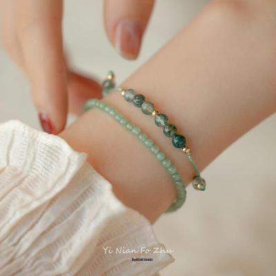 14k Gold Light Luxury Stacking Bracelet with Water Grass Agate and Natural Stone Beads