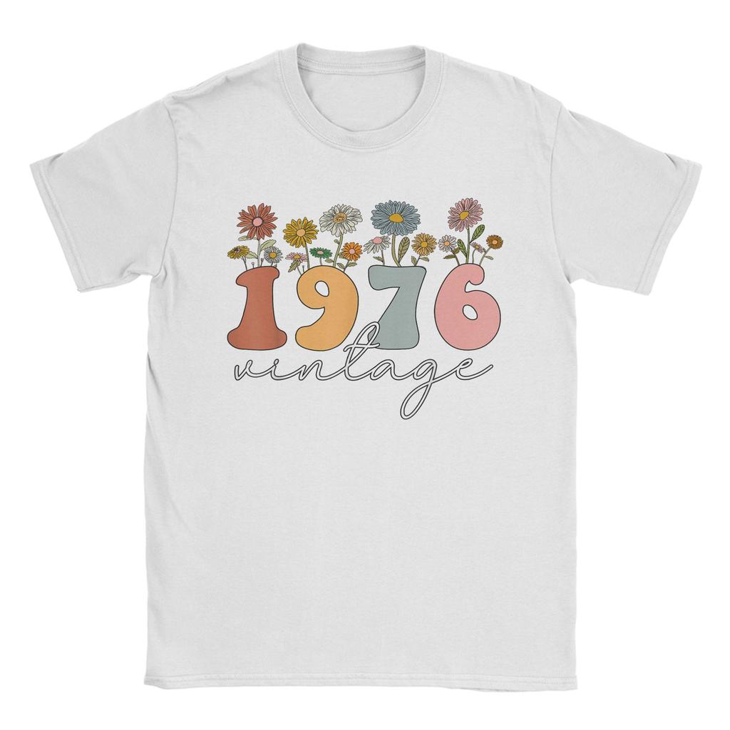 Vintage 1976 Wildflower Floral 50th Birthday T Shirts for Unisex Cotton Leisure TShirt Round Neck Tees Short Sleeve Clothing