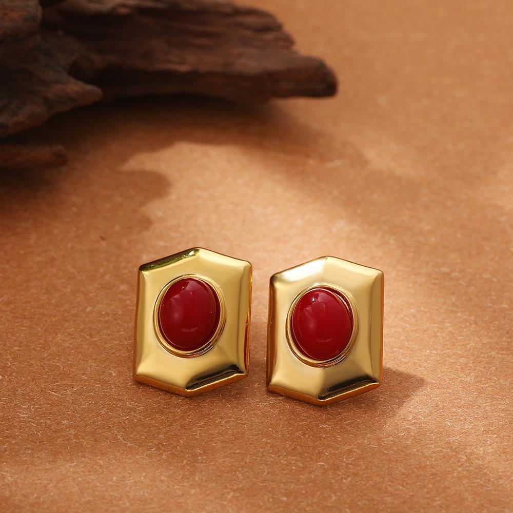 Retro Ethnic Natural Stone Round Earrings for Women Gold Plated Stainless Steel Geometric Piercing Earring Studs Boho Zircon