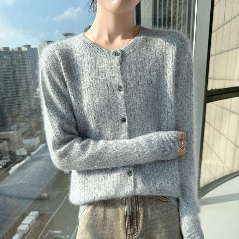 Women's Retro Cable Knit Mink Velvet Cardigan - Round Neck, Long Sleeve, Loose Fit, Short Sweater Coat