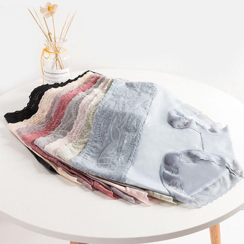 Women's Plus-Size High-Waisted Tummy Control Butt Lifting Ice Silk Seamless Pure Breathable Lace Triangle Panties