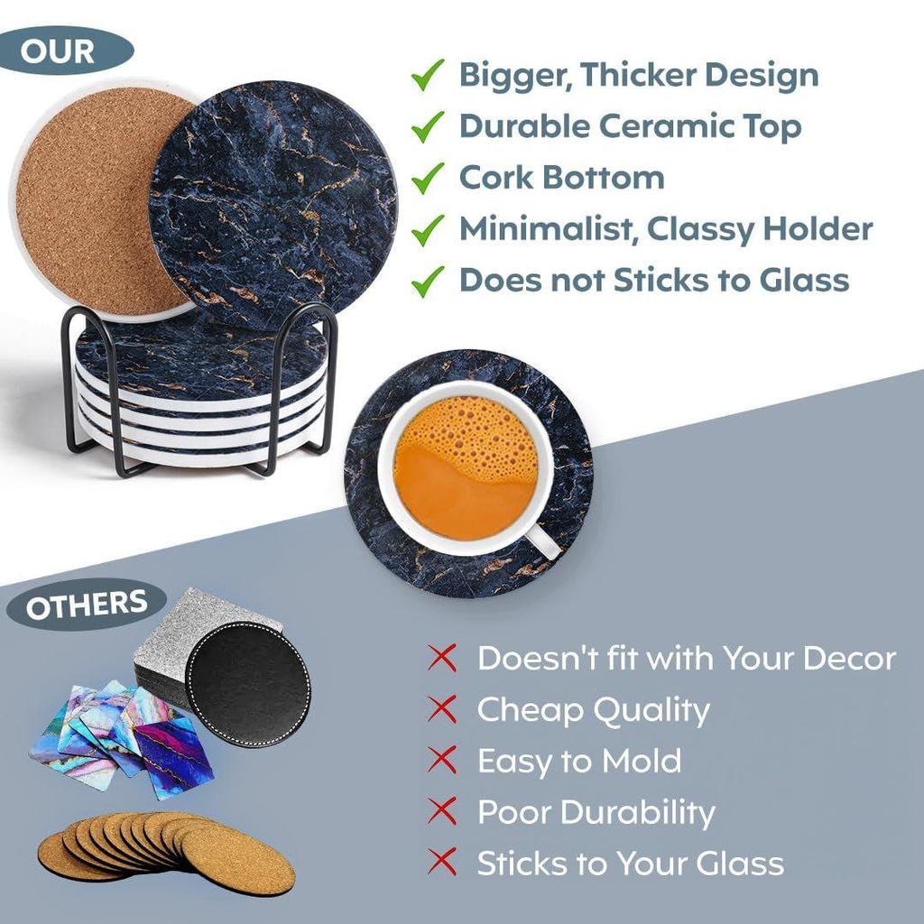 Ceramic Coasters with Matt Finish On Top & Cork Base | Coasters for Cups Set of 6 |