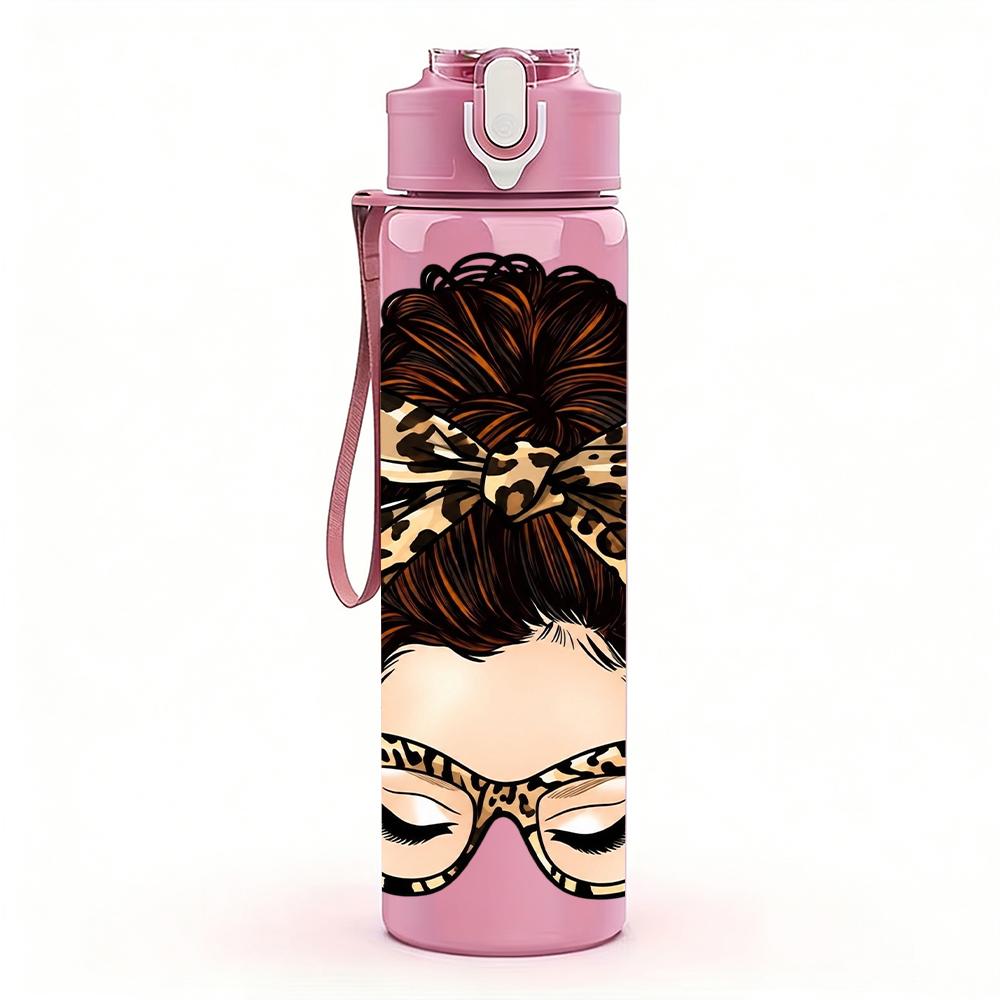 1PC Leopard Print Messy Bun Lady 750ml Color Plastic Sports Water Bottle Leakproof Flip Straw Lid Suitable for Sports Office Home Use