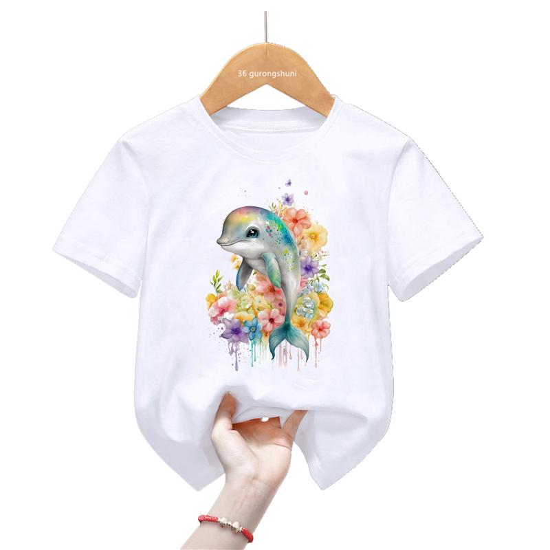 Watercolor Dolphin Love Printed Tshirt Girls/Boys Harajuku Kawaii Kids Clothes Summer Fashion Short Sleeve T-Shirt