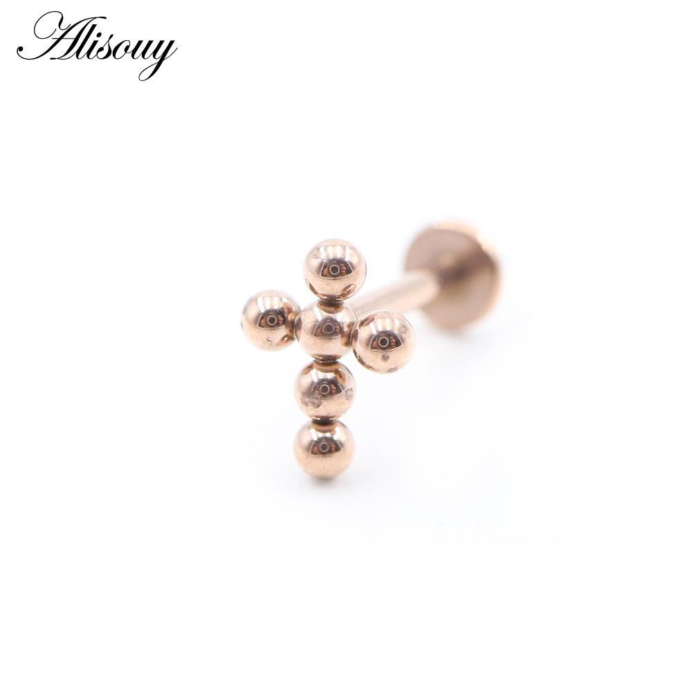 Alisouy 1PC Stainless Steel Cross Ball Threaded Ear Tragus Helix Labret Lip Rings Cartilage Stud Earrings Piercing Body Jewelry