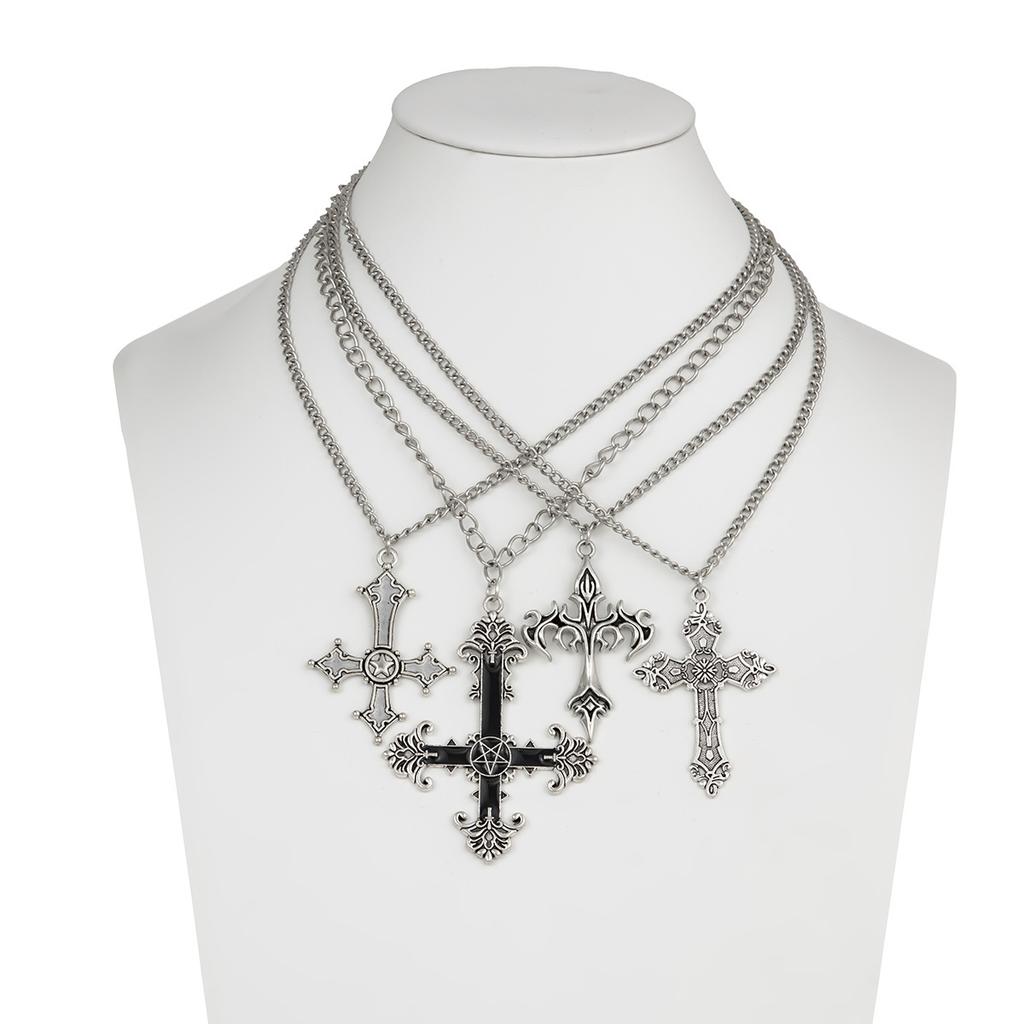 Gothic Dark Style Diamond Cross Pendant Necklace Trendy I Metal Chain Necklace Set
