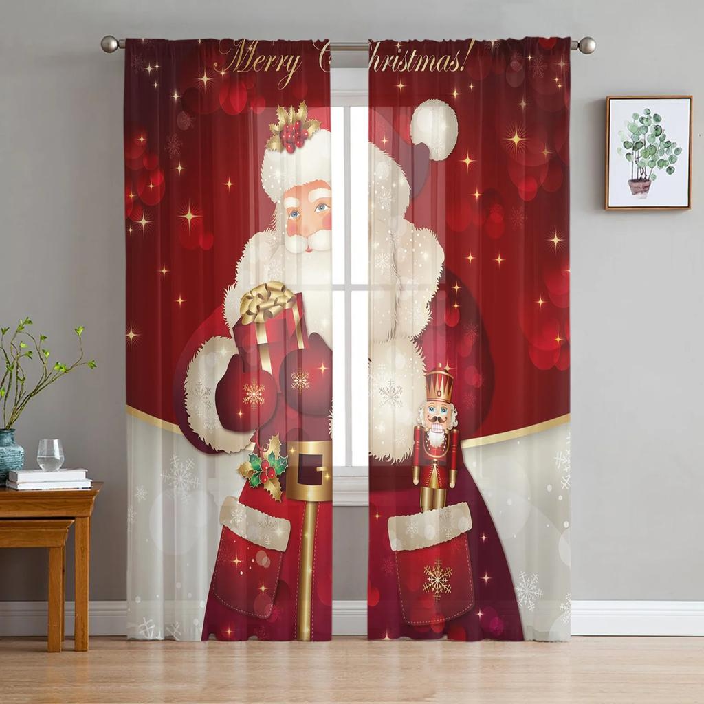 Merry Christmas Santa Claus Red Chiffon Sheer Curtains for Living Room Bedroom Decoration Window Voiles Tulle Curtain Drapes