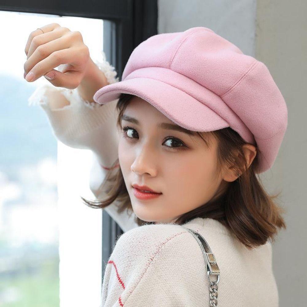 Solid Color Baker Cap Adjustable Strap Octagonal Cap Vintage Newsboy Cap  Autumn Winter