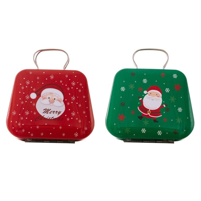 2Pcs Portable Christmas Iron Candy Container Christmas Cheer Candy Holders Snacks Case with Colorful Seasonal Pattern