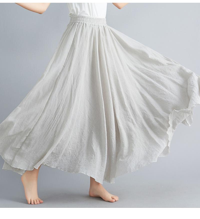 2024 Japan & Korea Loose Cotton-Linen Elastic Waist Midi Skirt – Solid Color A-line Swing Skirt