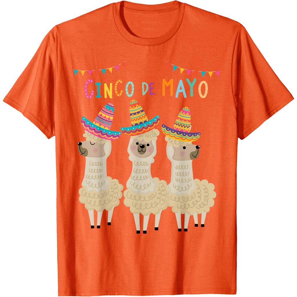 Cinco De Mayo Llama Sombrero Fiesta Graphic Print Cotton T-Shirt Casual Short Sleeve Tee