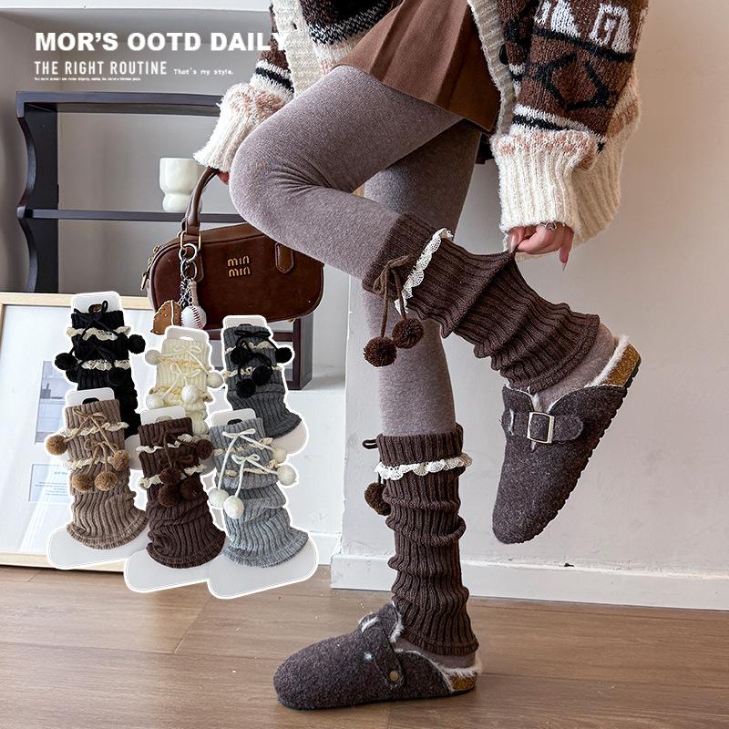 Boots Still Cotton Socks Cover Flanging Ball Bow Stacking Socks Lolita Girl Lace Coffee Calf Cover