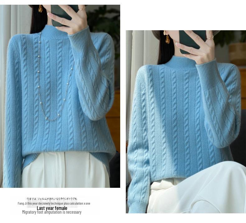 Women's Retro Cable Knit Wool Sweater - Ancola Red Long Sleeve, Half-High Neck, Autumn Winter Style