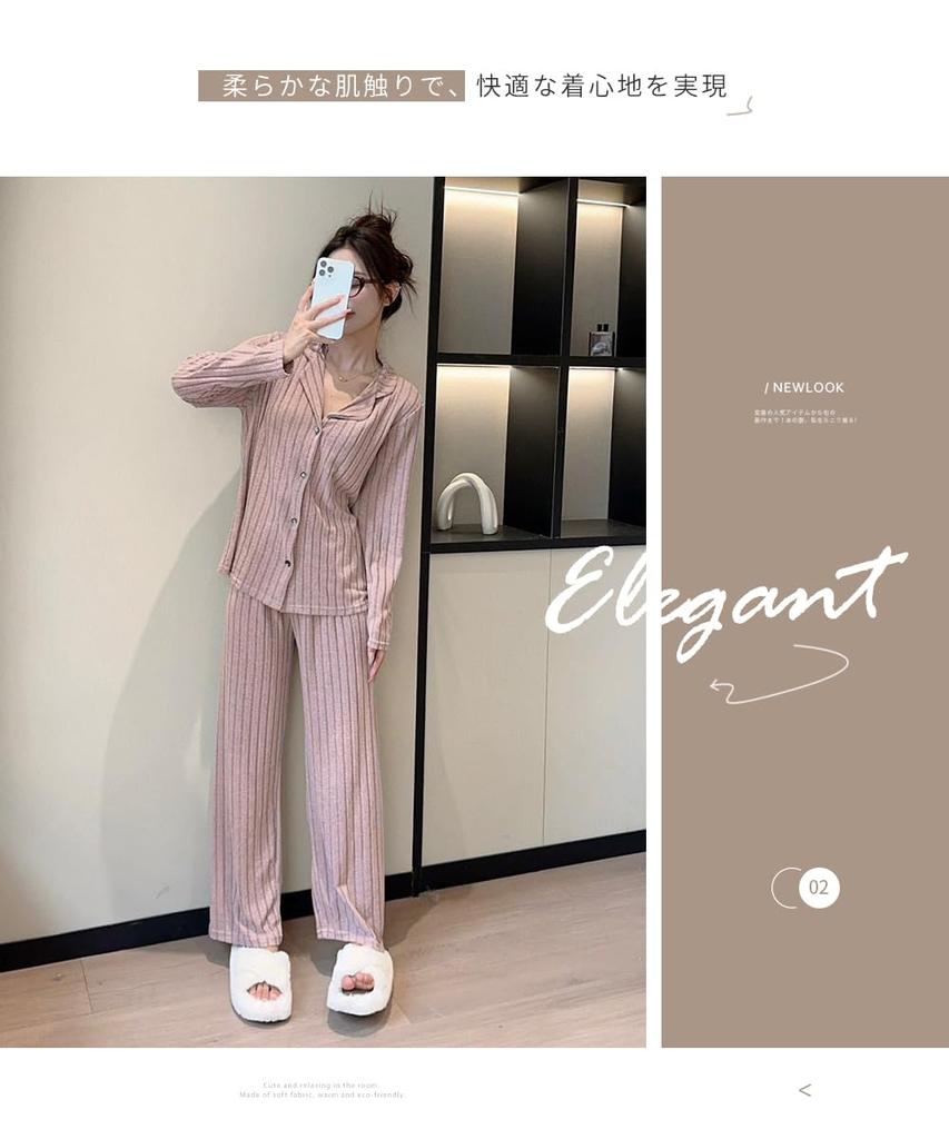 DayaEmmoTQ Striped Long Comfortable to the Korean Top and Bottom and Perfect for Cold Perfect for and Spring Women's Pajamas, Open-Front Lapel, Thin,