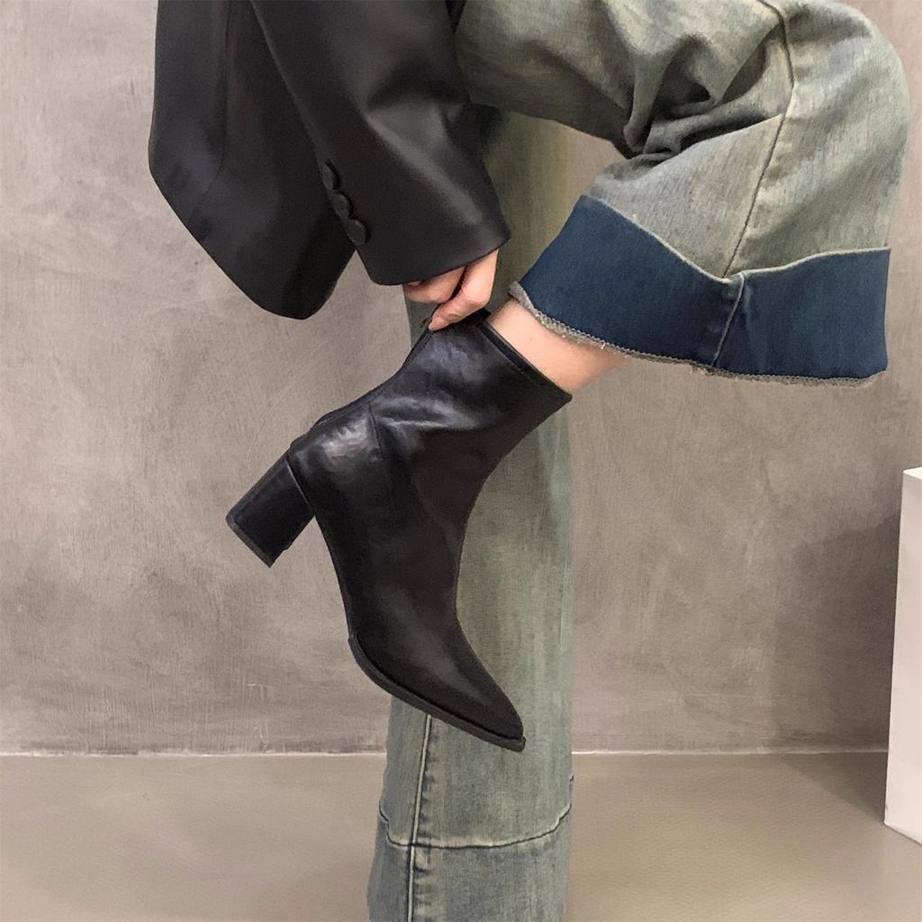 High Heel Coarse Heel Pointed French Small Ankle Boots Women's Shoes 2025 Autumn and Winter Brown Fleece Martin Boots Skinny Short Boots