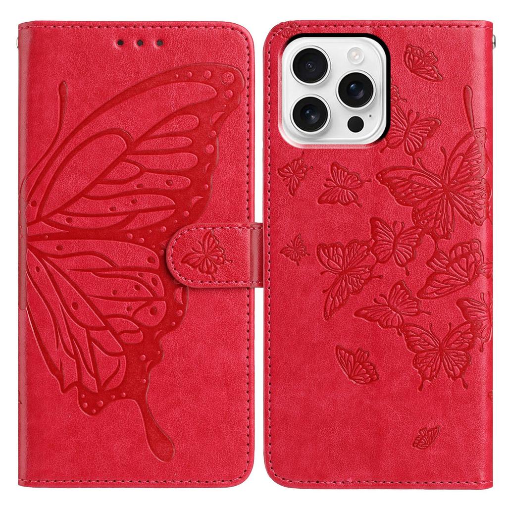 For iPhone 16 Pro Case Butterfly Imprinted Wallet Stand PU Leather Flip Phone Cover with Strap