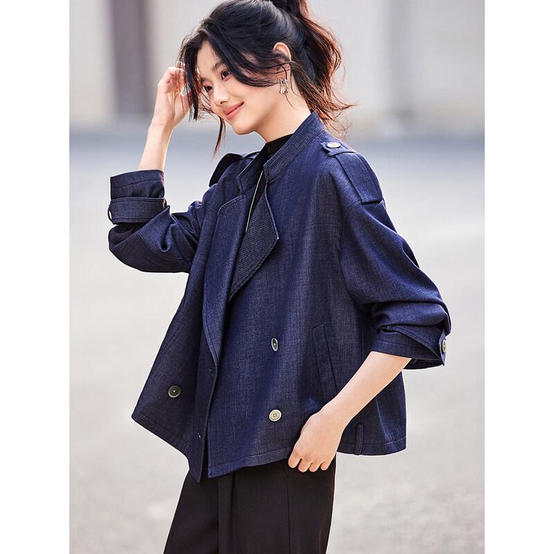 Women s Faux Denim Double-Breasted Short Jacket M