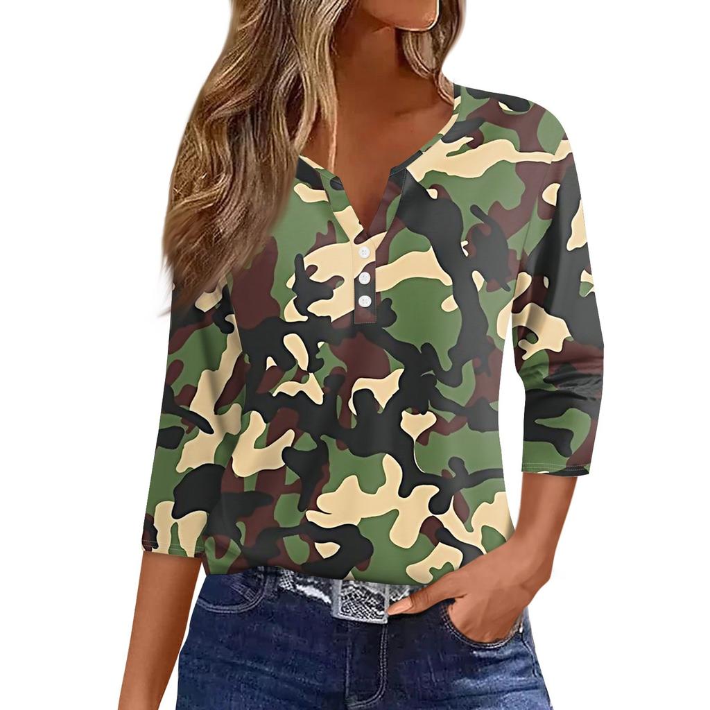 Mujer Camiseta Camiseta Estampado Botón Manga 3/4 Diario Fin de semana Moda Básico Escote en V Regular Top