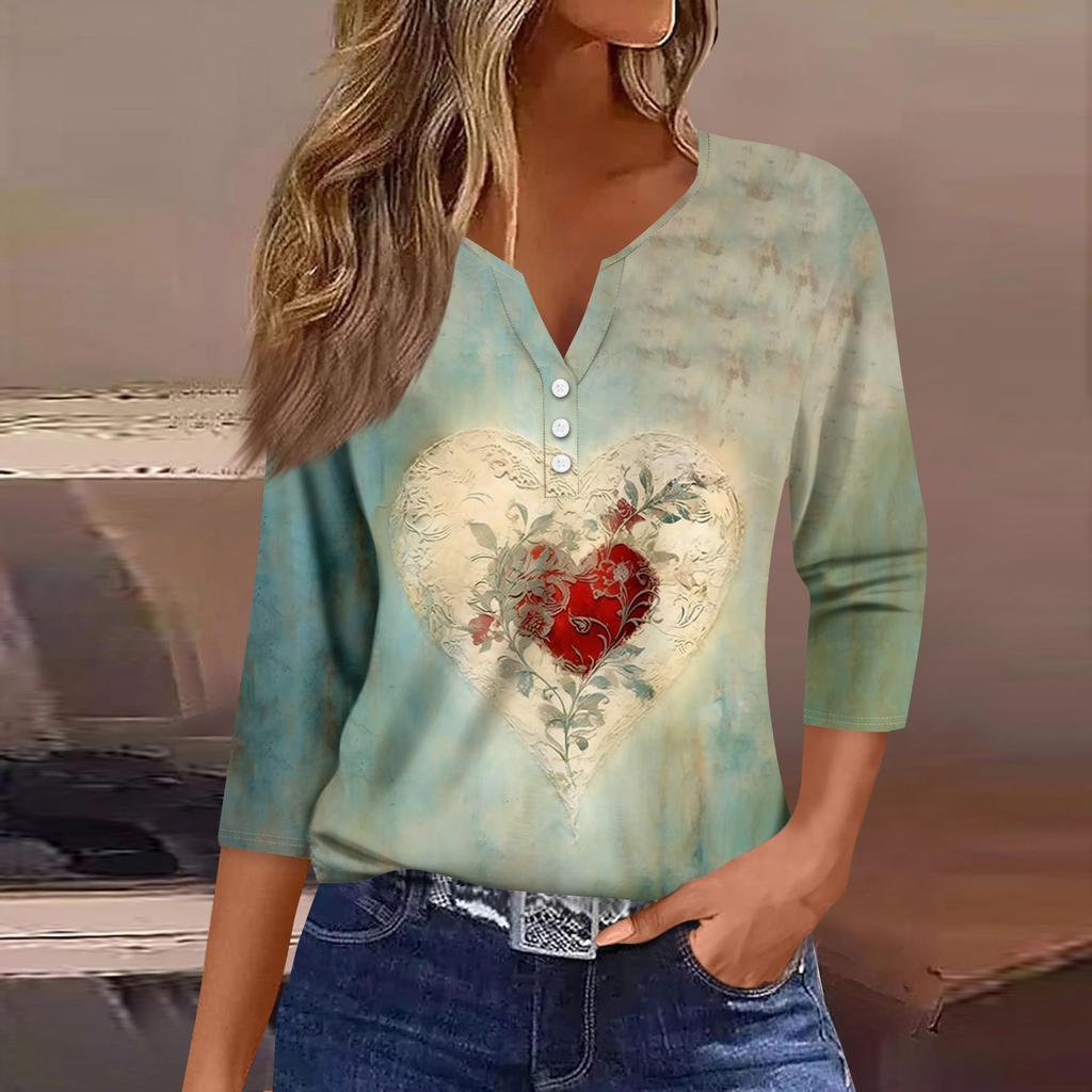 Lässiges Damen-Oberteil mit Dreiviertelärmeln und V-Ausschnitt und Blumendruck