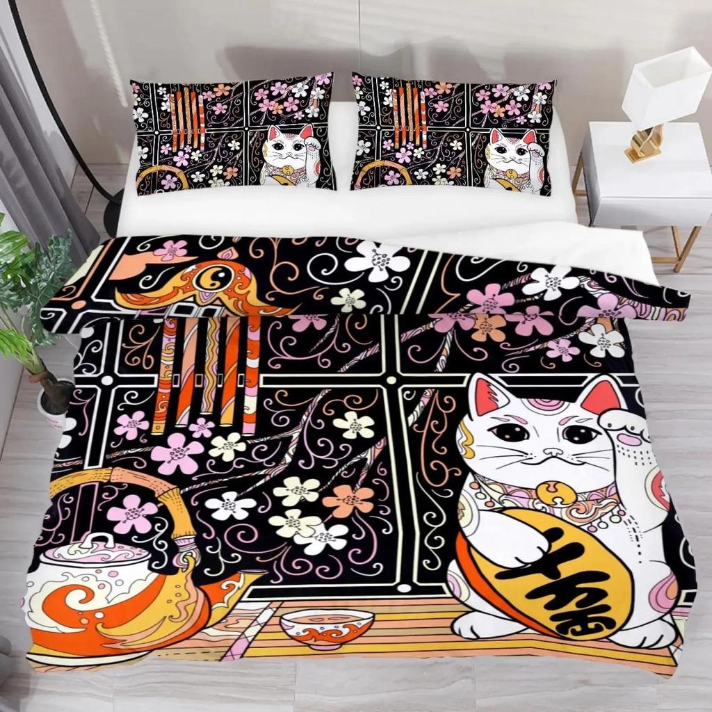 Maneki Duvet Cover Set,Japanese Lucky Cat Duvet Cover Neko Gold Coin Japanese Style Cute Bedding Set Cat Comforter Cover