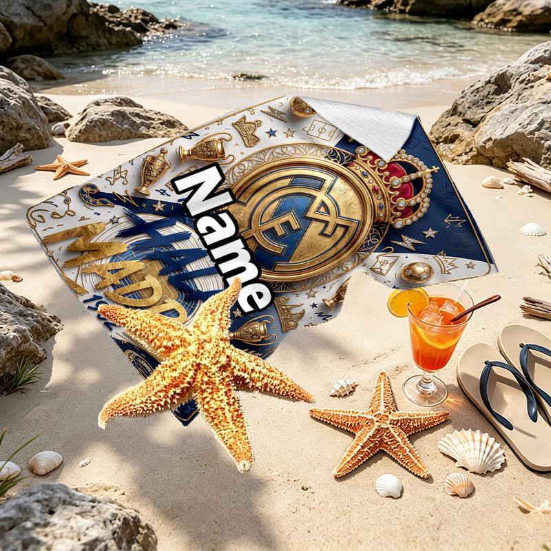 Custom Name Personalized Real Madrid Football Print Beach Towel, for Trip Camping Beach Party Home Decor, Birthday Gift for Family & Friends