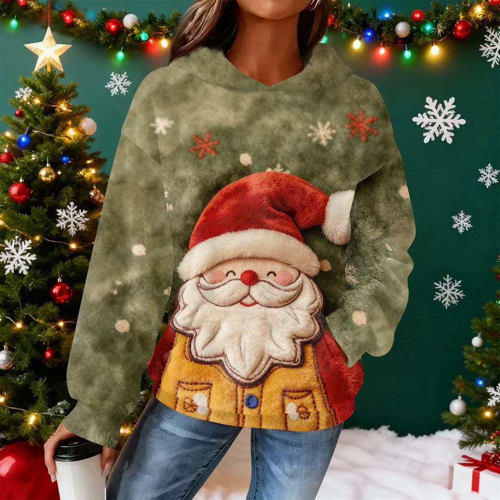 Women's Hooded Long Sleeve Christmas Printed Flannel Top Hooded Sweatshirt