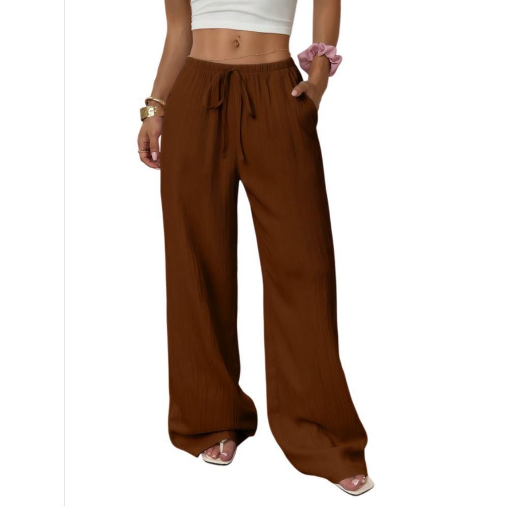 

Summer New Style Women s Casual Solid Color Knotted Waist Slanted Pocket Wide-leg Pants XXL кавовий