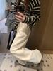 White Quilted Vertical Stripe Wide-Leg Drawstring Pants