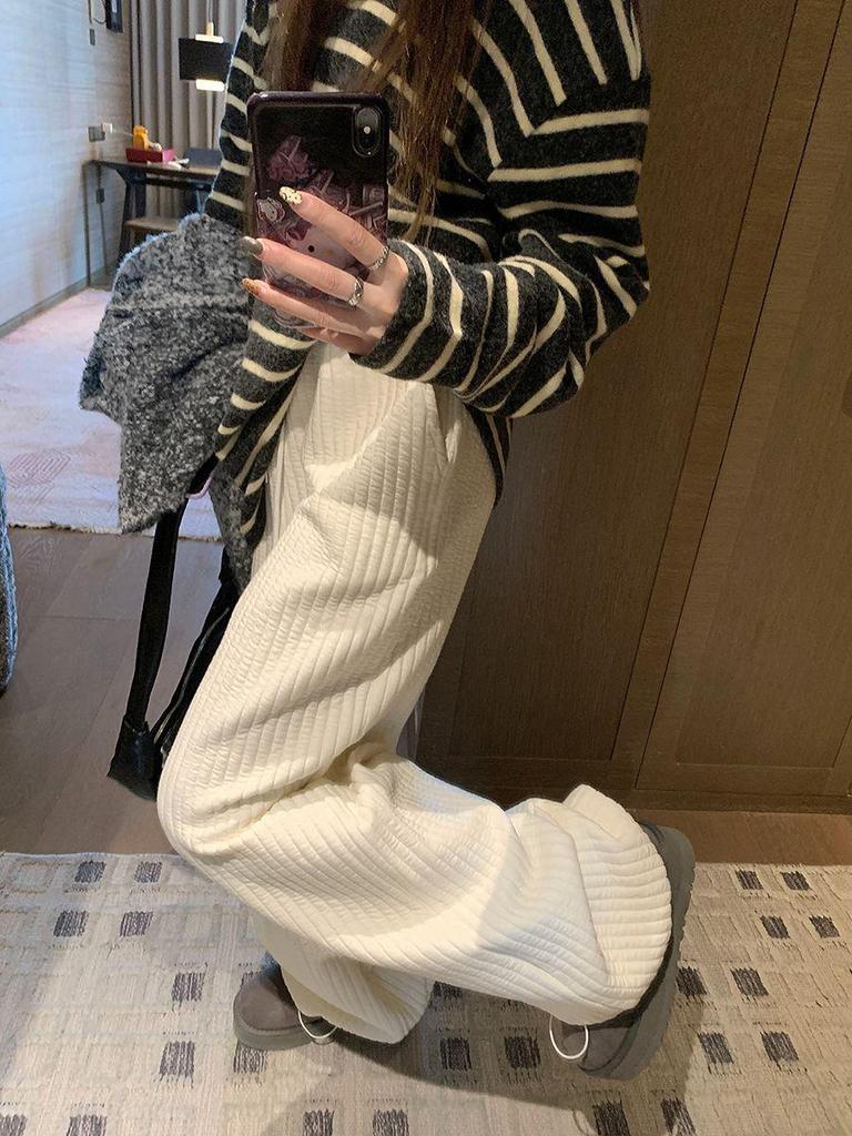 White Quilted Vertical Stripe Wide-Leg Drawstring Pants