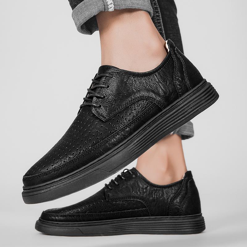 Men Leather Casual Shoes Sneakers Men Summer Breathable Punching Leather Shoes Man Fashion New Outdoor Leisure Flat Oxford Shoes