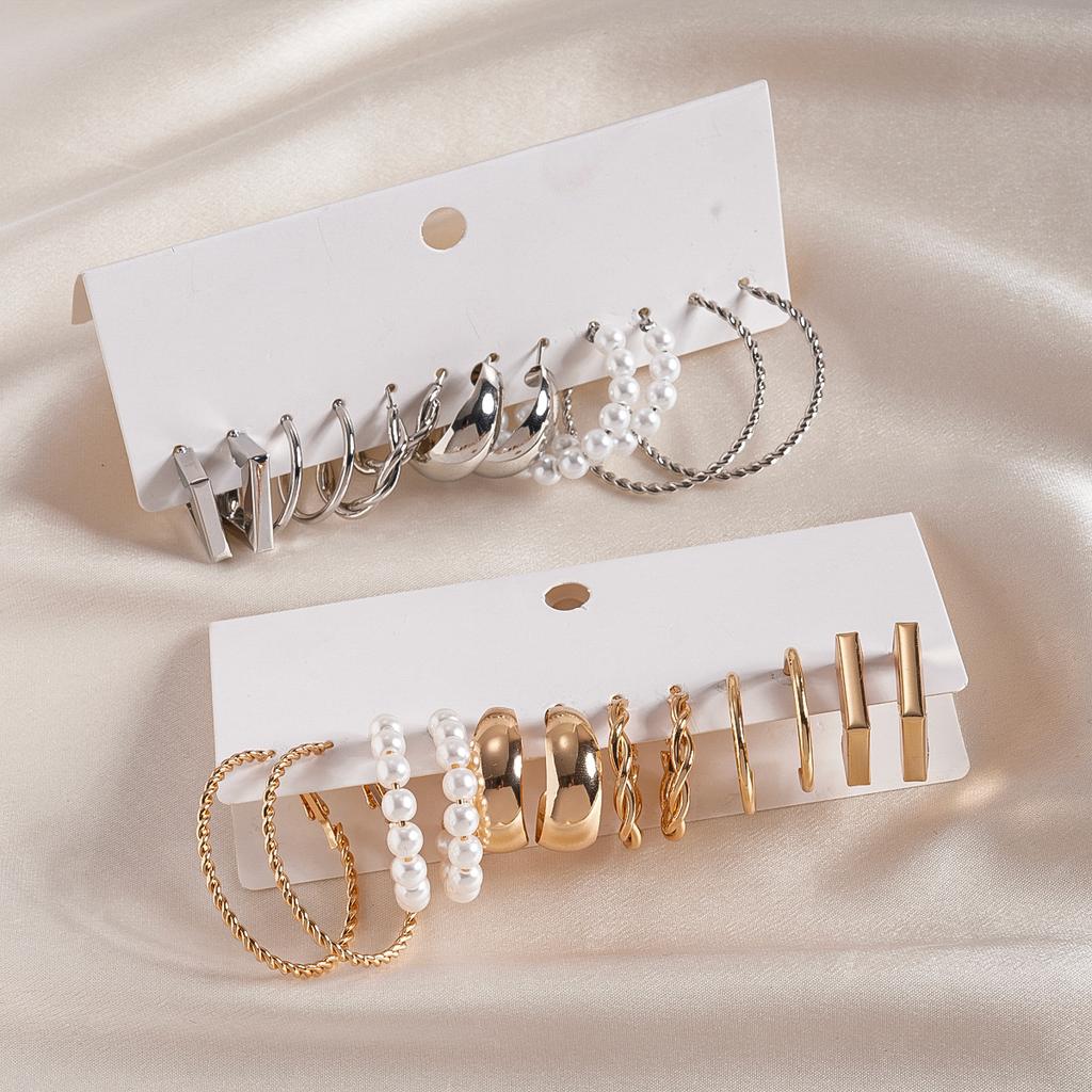 Twelve-piece Set of Metallic Geometric Twisted Silver Needle Earrings Cold Wind Earrings