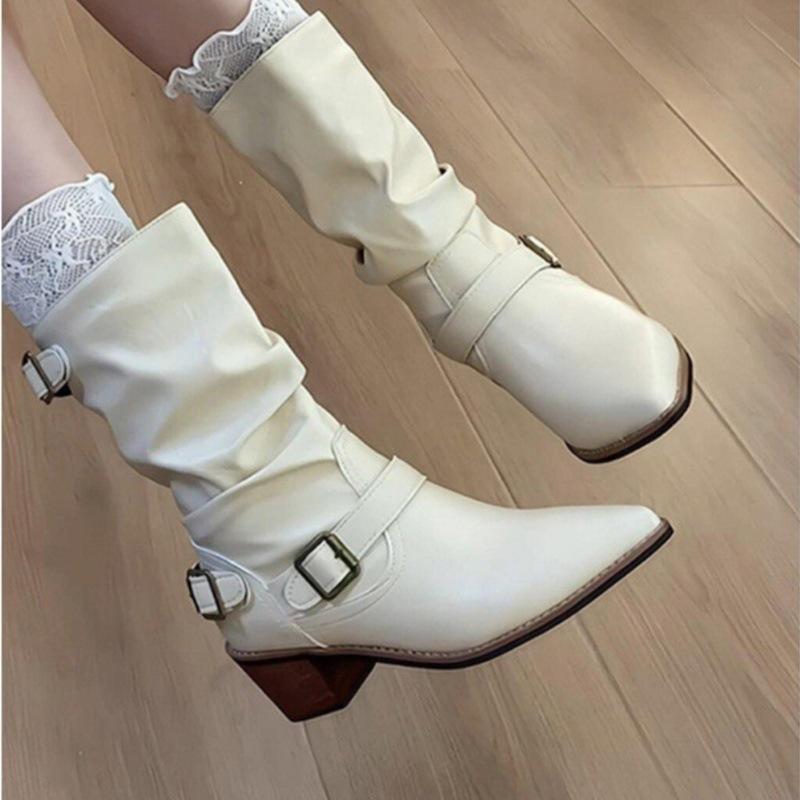 

Boots Women s 2025 Fall New Feeling Belt Buckle Martin Boots Pointed Thick Heel Pile Boots Western Cowboy Boots. 40