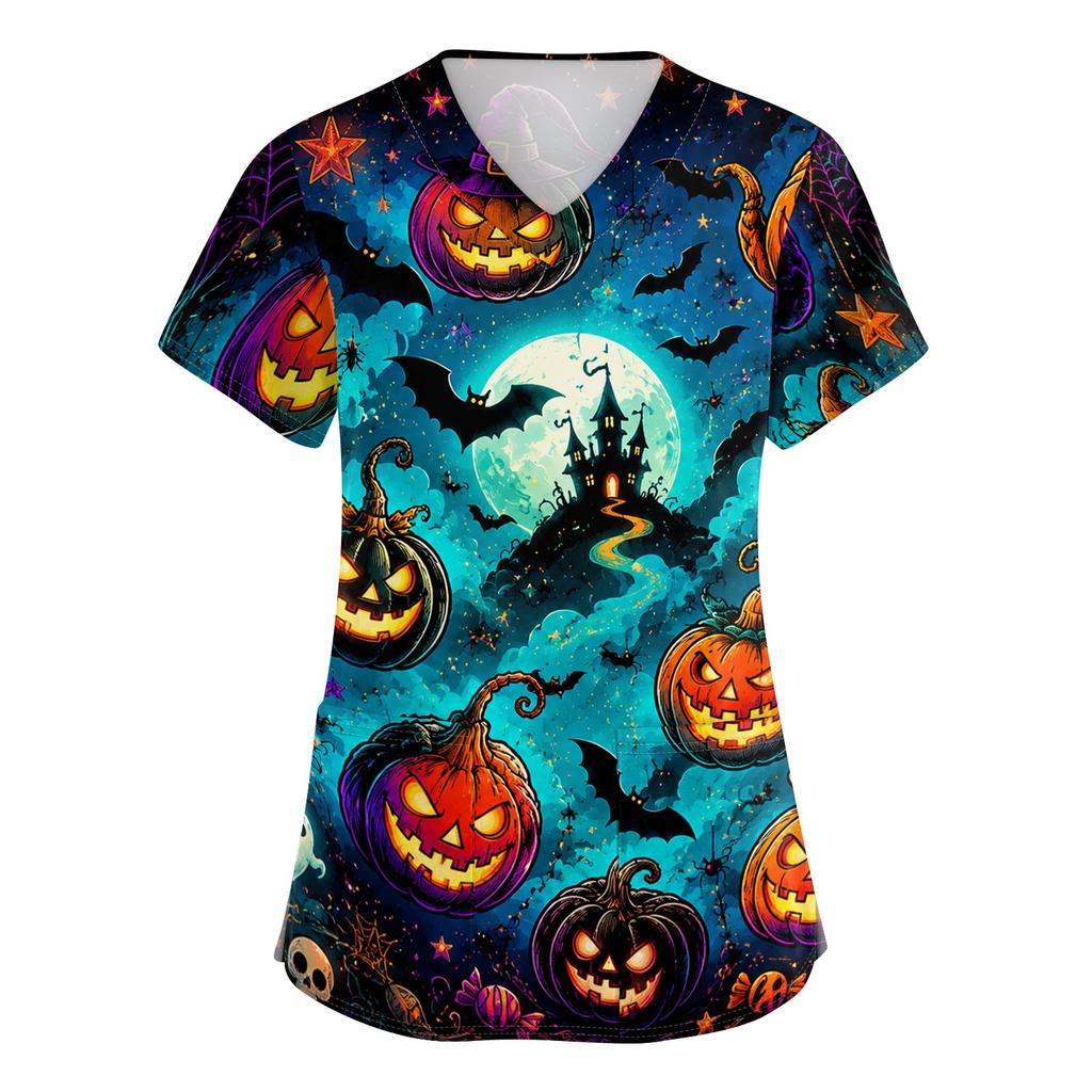 Women V Neck Short Sleeve Printed Scrub Top with Pockets and Side Slits for Work Uniforms Holiday Theme