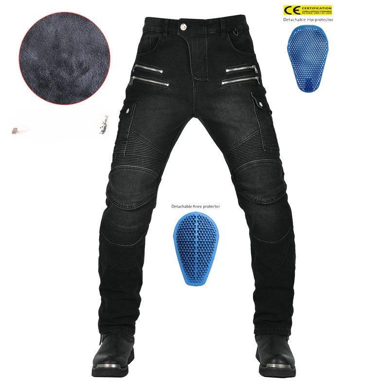 Motorcycle jeans men, winter retro locomotive pants fleece cycling pants, silicone protective gear