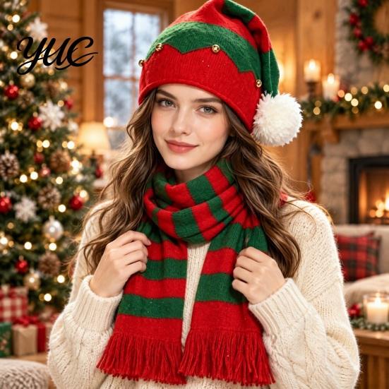 Soft Plush Headwear Christmas Elf Hat with Fur Ball, Santa Knit Hat, Festival Decoration Gifts Red And Green Party Costume Accessories for Adults Kids